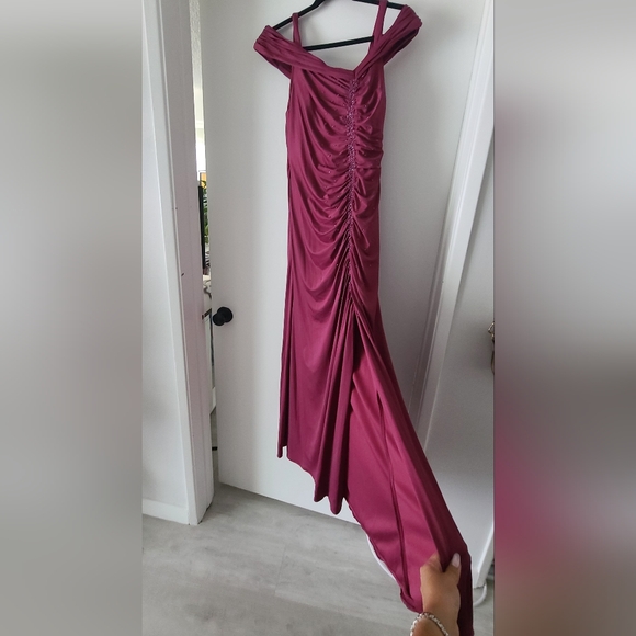 Azazie York Mulberry Off-Shoulder Floor-Length Evening Gown Dress - Picture 12 of 16